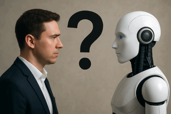 A human professional and a humanoid robot facing each other with a question mark between them, symbolizing the debate on whether AI will replace humans.