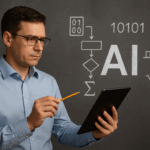 Professional man analyzing data and formulas representing artificial intelligence as math and logic.