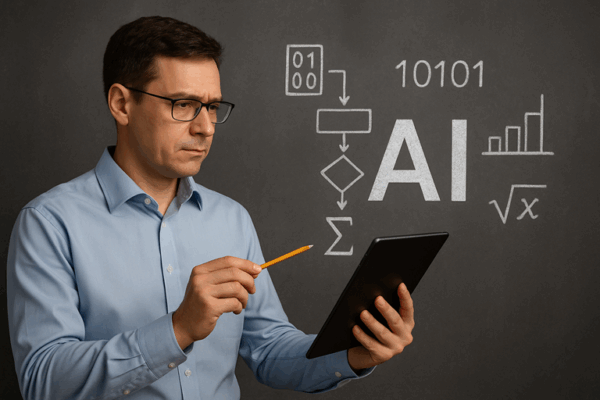 Professional man analyzing data and formulas representing artificial intelligence as math and logic.