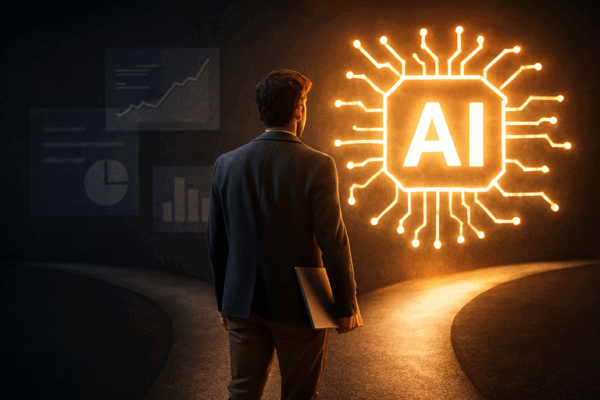 Data professional engaging with artificial intelligence and data visualizations, highlighting the importance of AI in modern data work.