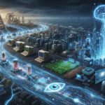 A realistic visual representation of artificial intelligence evolving over time, showing a transition from early computing to modern AI.