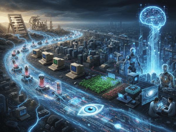 A realistic visual representation of artificial intelligence evolving over time, showing a transition from early computing to modern AI.